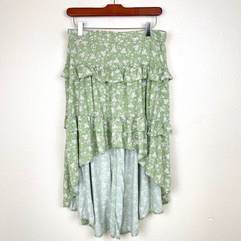 Womens Skirt Sz M Fairy Grunge Cottage Coquette Tiered High Low Floral Ruffled